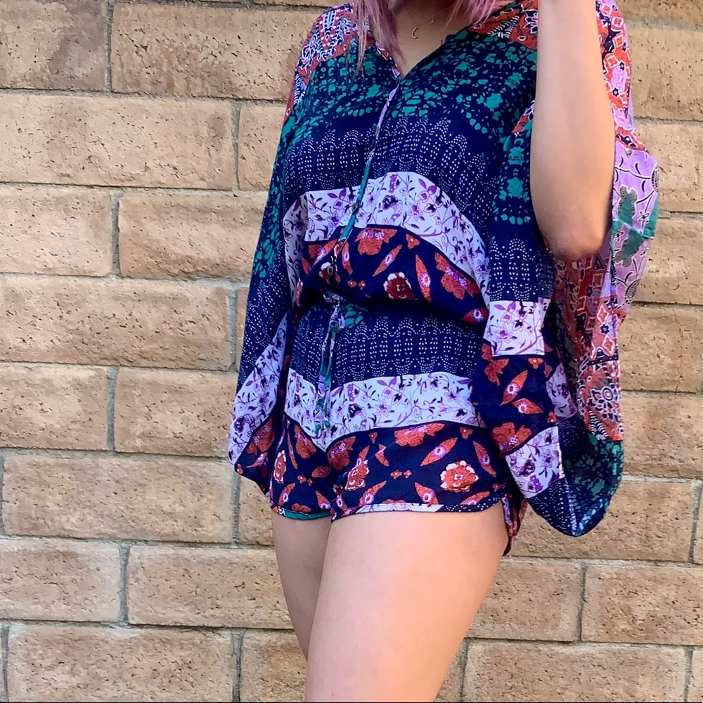 Tribal print drawstring waist romper